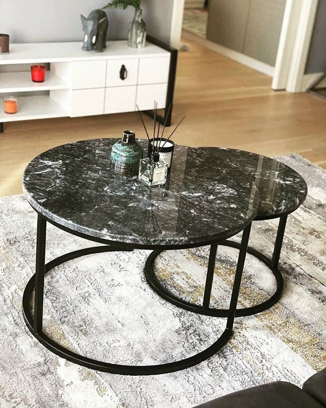 Arte Marble Iguape Marmara Siyah Orta Sehpa 2'li